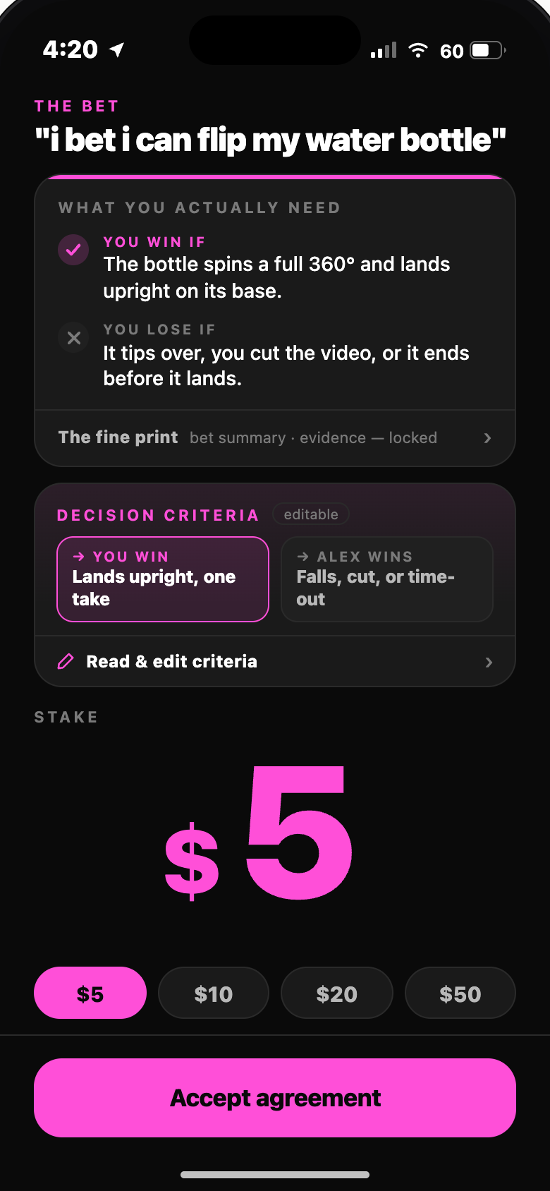 Lobby screen: locking the bet terms and stake